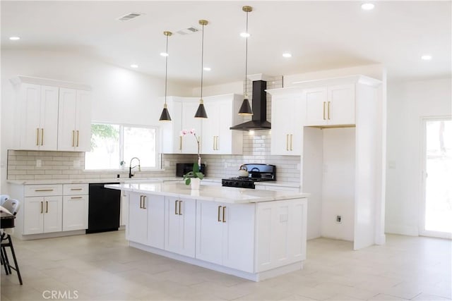 54889 Navajo Trl, Yucca Valley, CA 92284 - kitchen with wall chimney exhaust hood, dishwasher, range, white cabinetry, and a kitchen island