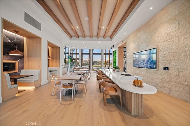 151 Fremont, Lake Forest, CA 92630 - dining area featuring a wall of windows, light wood-style flooring, and recessed lighting