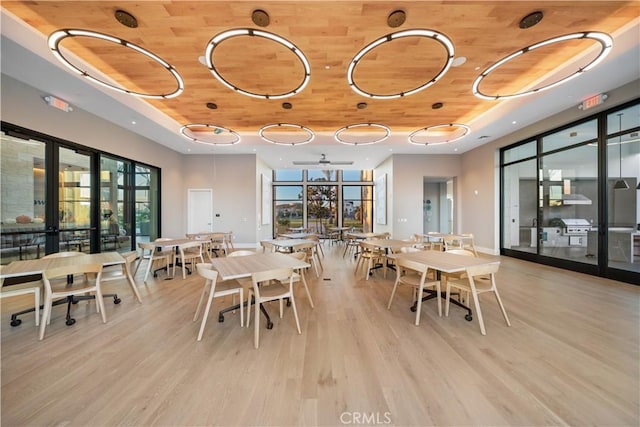 151 Fremont, Lake Forest, CA 92630 - dining room featuring wood ceiling, light wood-style floors, a ceiling fan, and french doors