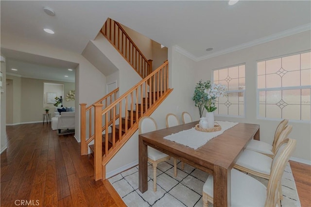 2142 Root St, Fullerton, CA 92833 - dining space with wood-type flooring, stairs, recessed lighting, and ornamental molding