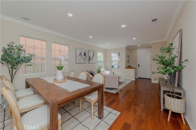2142 Root St, Fullerton, CA 92833 - dining space featuring wood-type flooring, recessed lighting, and crown molding
