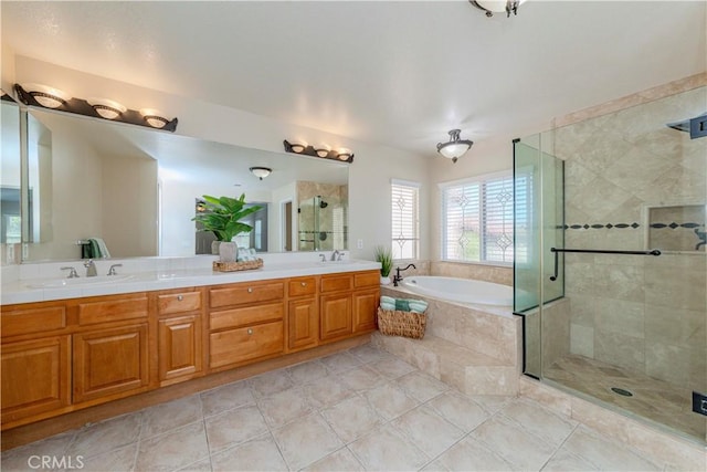 2142 Root St, Fullerton, CA 92833 - bathroom with a garden tub, double vanity, a stall shower, and tile patterned floors