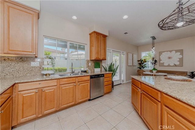 2142 Root St, Fullerton, CA 92833 - kitchen with dishwasher, light tile patterned flooring, backsplash, light stone countertops, and recessed lighting