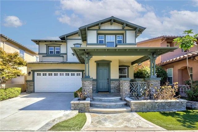 2142 Root St, Fullerton, CA 92833 - craftsman house with a porch, stone siding, a garage, and concrete driveway