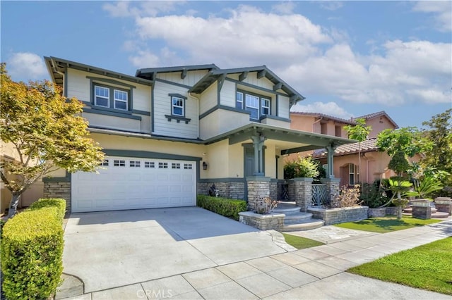 2142 Root St, Fullerton, CA 92833 - craftsman house featuring stone siding, an attached garage, concrete driveway, a porch, and stucco siding