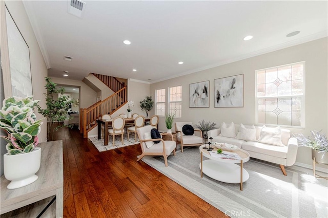 2142 Root St, Fullerton, CA 92833 - living area featuring stairs, crown molding, hardwood / wood-style floors, and recessed lighting