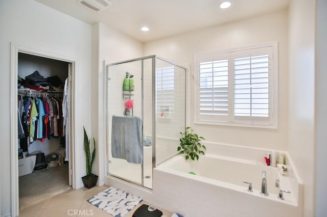 233 47th St, Long Beach, CA 90805 - bathroom featuring a garden tub, a stall shower, tile patterned floors, a walk in closet, and recessed lighting