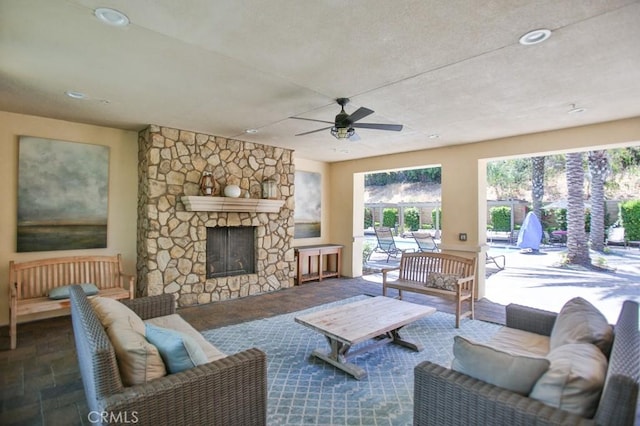 233 47th St, Long Beach, CA 90805 - living area featuring a ceiling fan, a fireplace, and recessed lighting