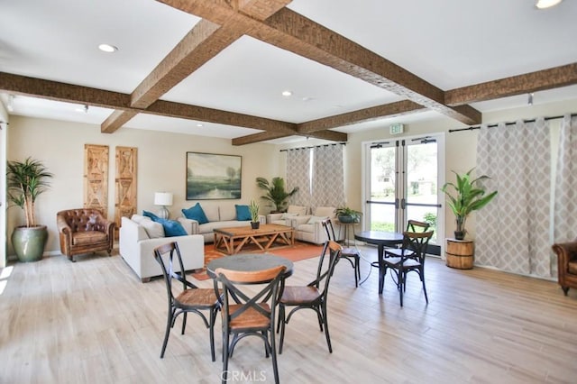 233 47th St, Long Beach, CA 90805 - dining space with coffered ceiling, beamed ceiling, light wood-type flooring, recessed lighting, and french doors