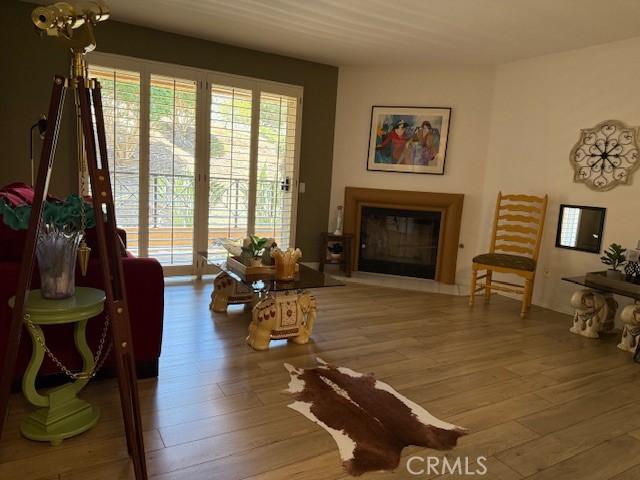 3211 Sello Ln Unit 100, Carlsbad, CA 92009 - living area featuring wood-type flooring and a glass covered fireplace