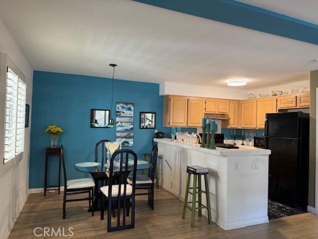 3211 Sello Ln Unit 100, Carlsbad, CA 92009 - kitchen with freestanding refrigerator, light brown cabinetry, tile counters, under cabinet range hood, and plenty of natural light