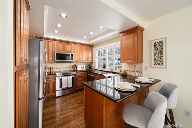 11265 Gardiners Ct, Cypress, CA 90630 - kitchen featuring appliances with stainless steel finishes, a peninsula, a tray ceiling, recessed lighting, and a kitchen breakfast bar