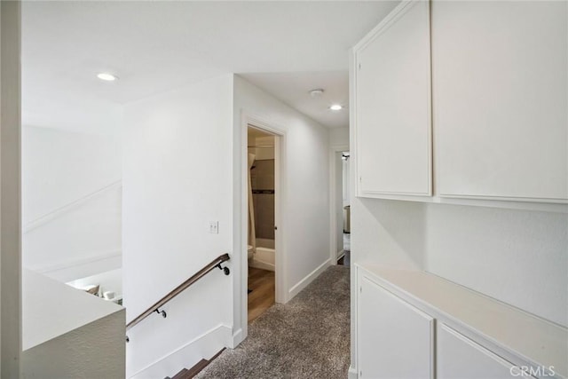 1205 Cerca, San Clemente, CA 92673 - hall featuring carpet flooring, recessed lighting, and an upstairs landing