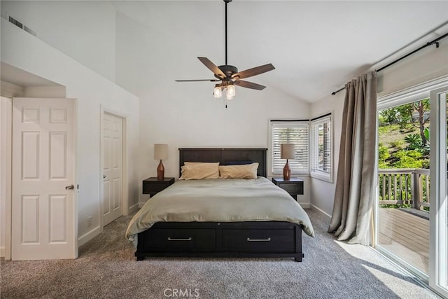 1205 Cerca, San Clemente, CA 92673 - bedroom with carpet, access to exterior, high vaulted ceiling, and ceiling fan