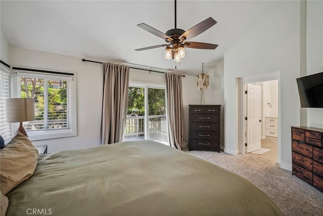 1205 Cerca, San Clemente, CA 92673 - bedroom featuring access to outside, carpet, lofted ceiling, connected bathroom, and a ceiling fan