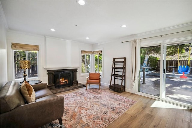 1205 Cerca, San Clemente, CA 92673 - living room with wood finished floors, a lit fireplace, ornamental molding, and recessed lighting