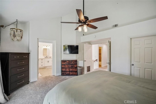 1205 Cerca, San Clemente, CA 92673 - bedroom with light carpet, high vaulted ceiling, ensuite bathroom, and a ceiling fan