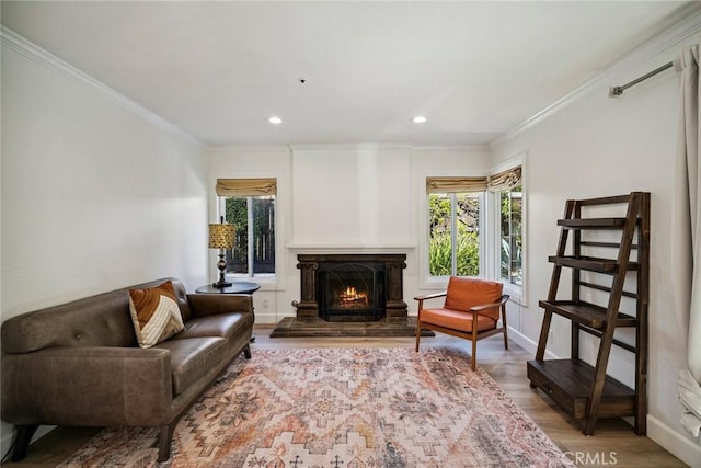 1205 Cerca, San Clemente, CA 92673 - living room with wood finished floors, recessed lighting, ornamental molding, and a lit fireplace