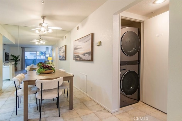 148 N Mine Canyon Rd Unit C, Orange, CA 92869 - dining room featuring estacked washer and dryer, ceiling fan, and light tile patterned flooring