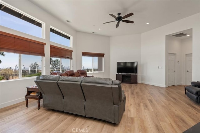 4620 Sandpiper Ln, Paradise, CA 95969 - living area featuring plenty of natural light, ceiling fan, recessed lighting, light wood-style flooring, and a high ceiling