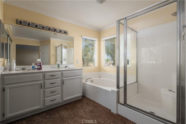 1649 Wrentree Way, Hemet, CA 92545 - full bath featuring a shower stall, double vanity, a garden tub, and crown molding