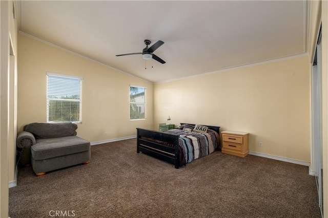 1649 Wrentree Way, Hemet, CA 92545 - carpeted bedroom featuring crown molding, lofted ceiling, and ceiling fan