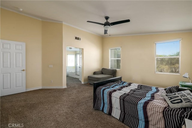 1649 Wrentree Way, Hemet, CA 92545 - bedroom with crown molding, multiple windows, carpet floors, and ceiling fan