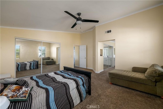 1649 Wrentree Way, Hemet, CA 92545 - carpeted bedroom with ornamental molding, a closet, and ceiling fan