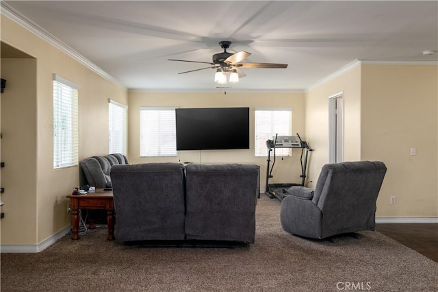 1649 Wrentree Way, Hemet, CA 92545 - carpeted living area with ceiling fan, ornamental molding, and healthy amount of natural light