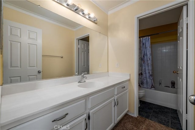 1649 Wrentree Way, Hemet, CA 92545 - full bathroom featuring crown molding, vanity, shower / bathtub combination with curtain, and tile patterned flooring