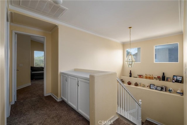 1649 Wrentree Way, Hemet, CA 92545 - hall featuring an upstairs landing, crown molding, and dark carpet