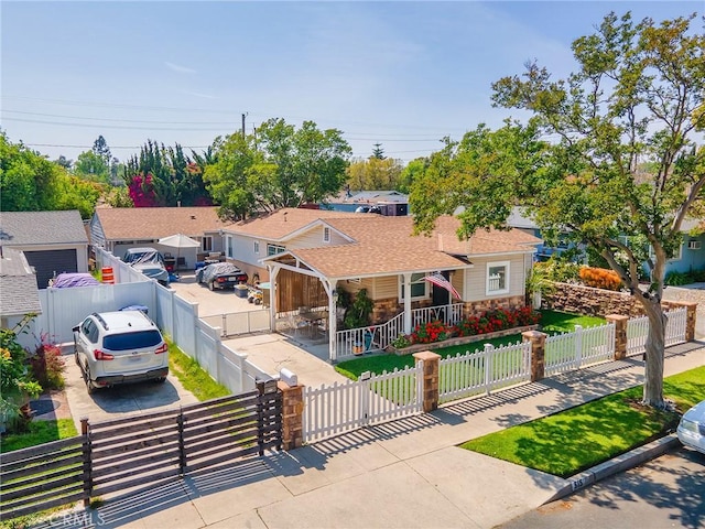 515 N Shelton St, Burbank, CA 91506 - view of front of property with covered porch, a fenced front yard, a gate, and stone siding