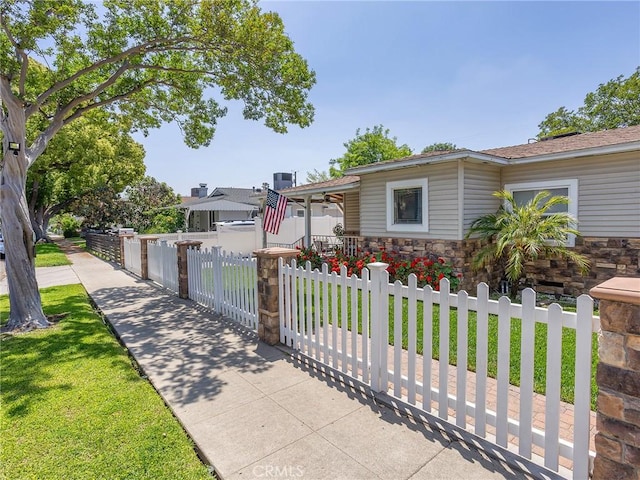 515 N Shelton St, Burbank, CA 91506 - view of front of property with a fenced front yard, a porch, and stone siding