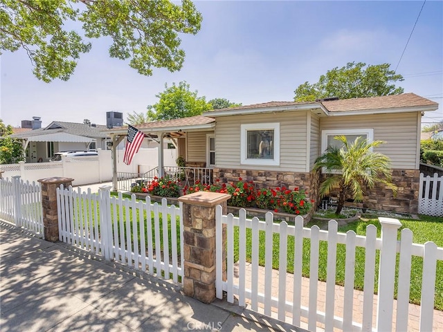515 N Shelton St, Burbank, CA 91506 - view of front of property featuring stone siding, a porch, a fenced front yard, and a gate