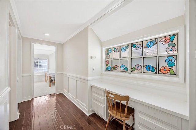 29282 Rue Cerise Unit 7, Laguna Niguel, CA 92677 - office area featuring built in study area, dark wood-type flooring, wainscoting, ornamental molding, and recessed lighting