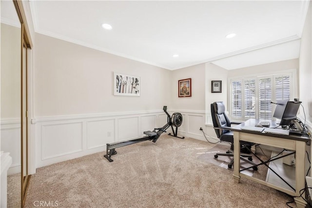 29282 Rue Cerise Unit 7, Laguna Niguel, CA 92677 - carpeted office featuring ornamental molding, a decorative wall, a wainscoted wall, and recessed lighting