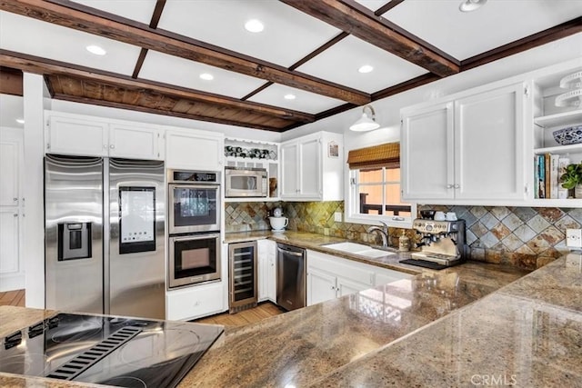 210 W Avenida Gaviota, San Clemente, CA 92672 - kitchen with stainless steel appliances, open shelves, beverage cooler, white cabinets, and recessed lighting