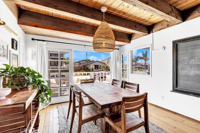 210 W Avenida Gaviota, San Clemente, CA 92672 - dining space with light wood-style floors, a wooden ceiling with exposed beams, and healthy amount of natural light