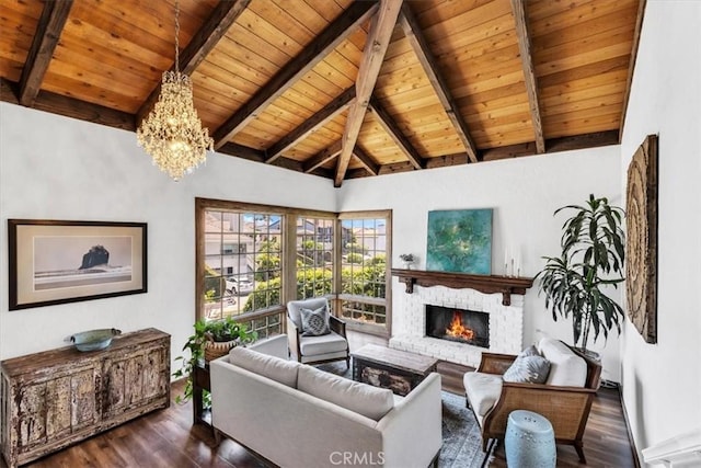210 W Avenida Gaviota, San Clemente, CA 92672 - living area with wooden ceiling, wood finished floors, a chandelier, and a brick fireplace