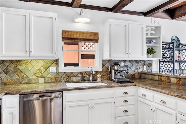 210 W Avenida Gaviota, San Clemente, CA 92672 - kitchen with stainless steel dishwasher, open shelves, white cabinets, and decorative backsplash