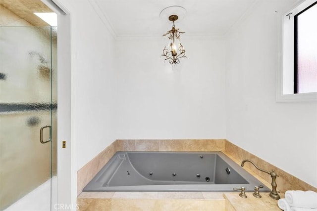 210 W Avenida Gaviota, San Clemente, CA 92672 - bathroom with a shower stall, a whirlpool tub, and crown molding