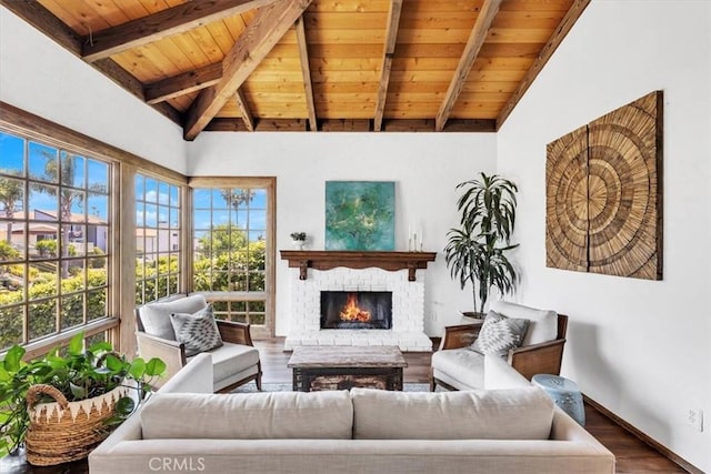 210 W Avenida Gaviota, San Clemente, CA 92672 - living area with wood ceiling, wood finished floors, and a fireplace