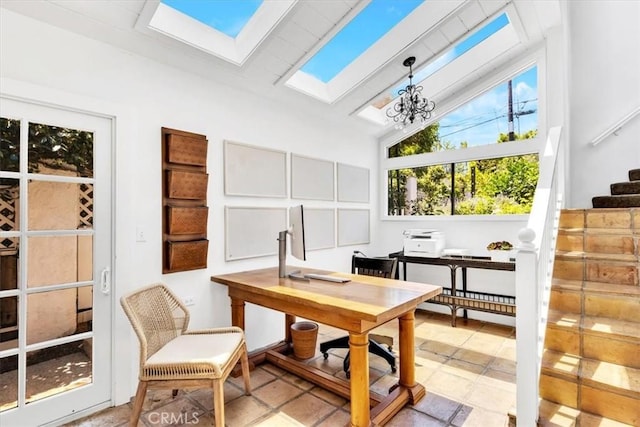 210 W Avenida Gaviota, San Clemente, CA 92672 - sunroom / solarium with a skylight, vaulted ceiling, and a chandelier