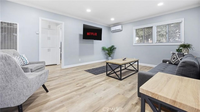 107 E Johnson St, Compton, CA 90220 - living room featuring a wall unit AC, crown molding, light wood-style floors, recessed lighting, and a heating unit