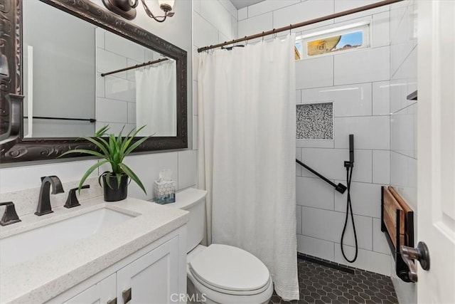 6701 Whitewater St, Eastvale, CA 91752 - full bathroom with vanity, a tile shower, and tile walls