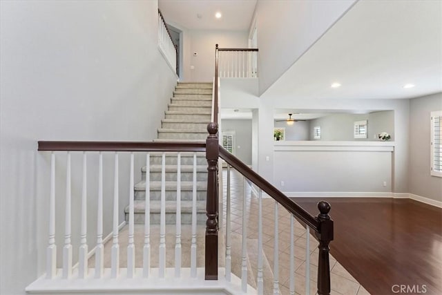 6701 Whitewater St, Eastvale, CA 91752 - stairway featuring ceiling fan and recessed lighting