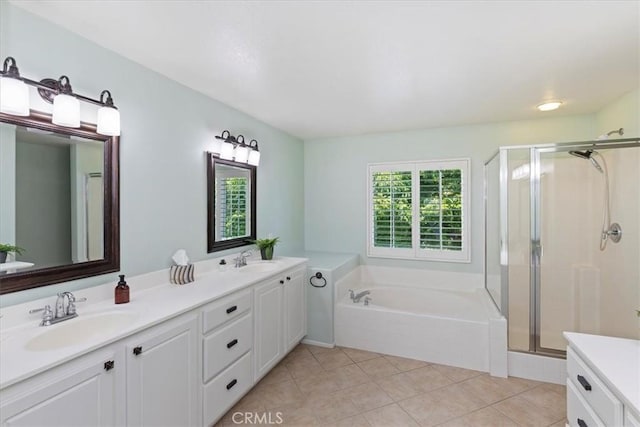 6701 Whitewater St, Eastvale, CA 91752 - full bath featuring double vanity, a stall shower, a bath, and tile patterned floors