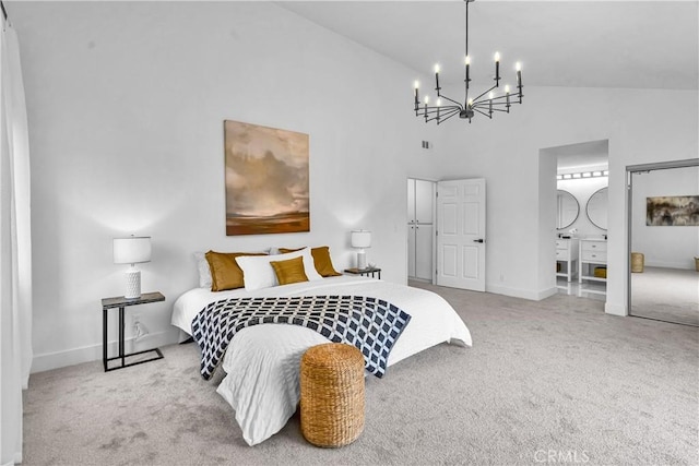 1059 Hillview Cir, Simi Valley, CA 93065 - carpeted bedroom with high vaulted ceiling and a chandelier