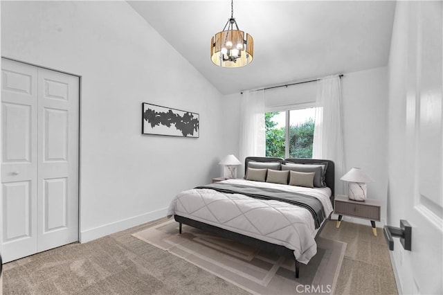 1059 Hillview Cir, Simi Valley, CA 93065 - carpeted bedroom featuring a chandelier, high vaulted ceiling, and a closet