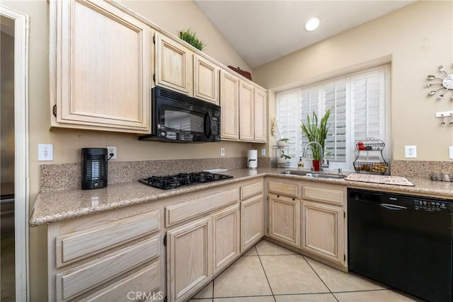 13161 Mugu Ct, Apple Valley, CA 92308 - kitchen with black appliances, light countertops, light tile patterned floors, light brown cabinets, and recessed lighting